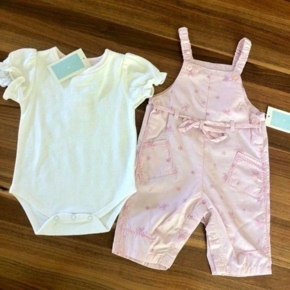 New 9 Month Baby‎ Girls Pink Overalls and White Ruffle Bodysuit Outfit Set